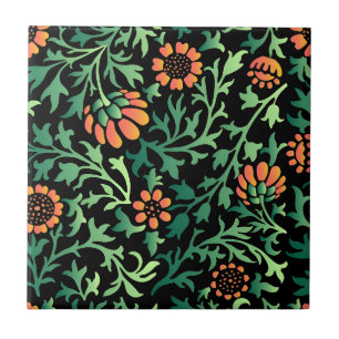 Elegant Floral Pattern with Red and Blue Leaves Ce Ceramic Tile