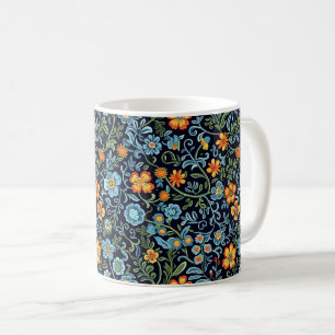 Elegant Floral Pattern with Red and Blue Leaves Co Coffee Mug