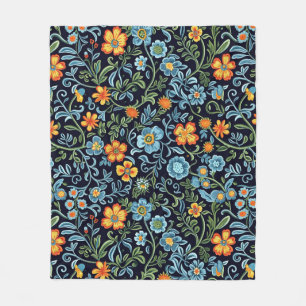 Elegant Floral Pattern with Red and Blue Leaves Fl Fleece Blanket