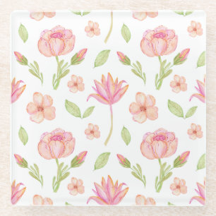 Elegant Floral Pattern with Red and Blue Leaves Gl Glass Coaster