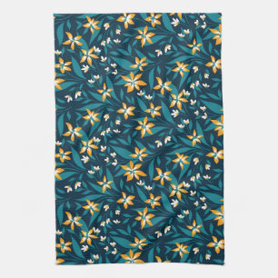Elegant Floral Pattern with Red and Blue Leaves Ki Tea Towel