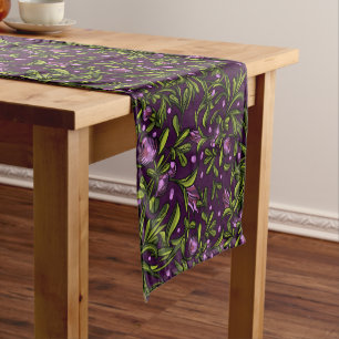 Elegant Floral Pattern with Red and Blue Leaves Sh Short Table Runner