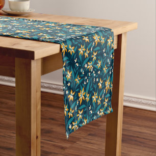 Elegant Floral Pattern with Red and Blue Leaves Sh Short Table Runner