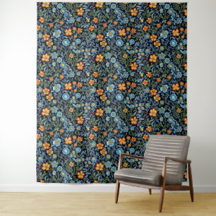 Elegant Floral Pattern with Red and Blue Leaves Ta Tapestry