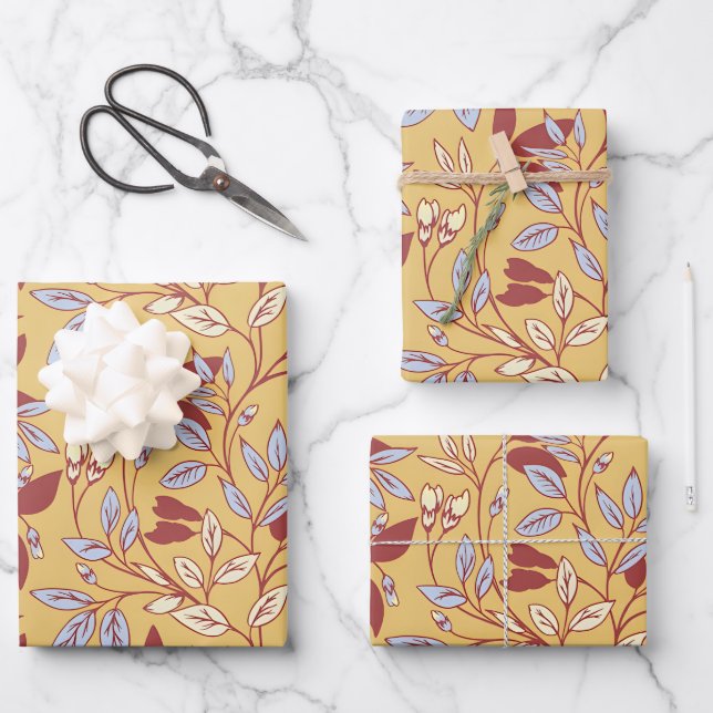 Elegant Floral Pattern with Red and Blue Leaves Wrapping Paper Sheet (Front)