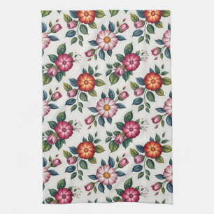 Elegant Floral Pattern with Roses and Daisies Tea Towel