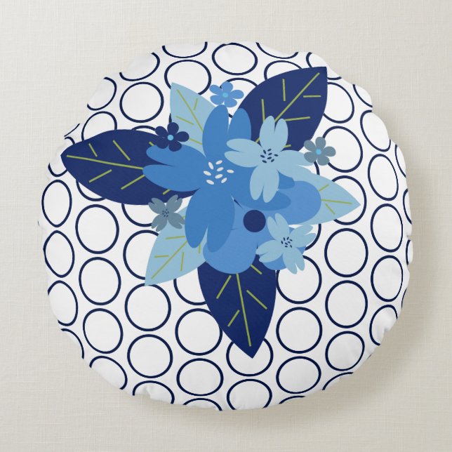 Elegant Floral Patterned Blue Monochromatic Design Round Cushion (Front)