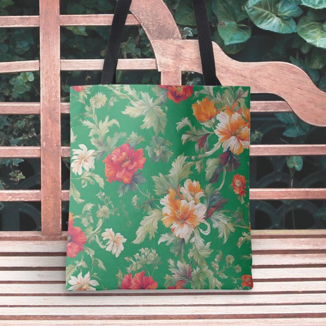 Elegant Floral Patterned Green Tote Bag (A floral tote bag with red and peach flowers on a vibrant green background. Ideal for garden lovers)