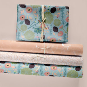 Elegant Floral Patterns Blue Peach Green Flowers Wrapping Paper Sheet