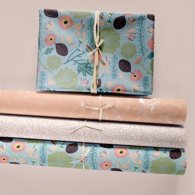 Elegant Floral Patterns Blue Peach Green Flowers Wrapping Paper Sheet (Elegant Floral Patterns Blue Peach Green Flowers Wrapping Paper Sheets from Studio Posies. )