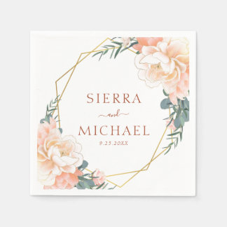 Elegant Floral Peach Gold Terracotta Wedding Napkin