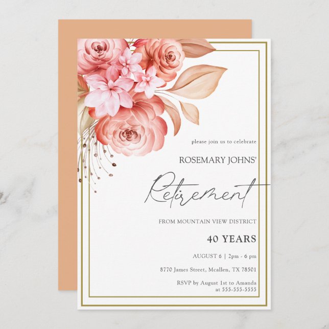 Elegant Floral Peach Retirement Invitation (Front/Back)