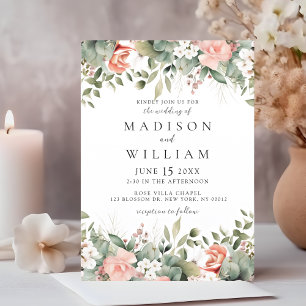 Elegant Floral Peach Sage Botanical Wedding Invitation