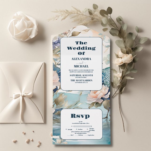 Elegant Floral Peacock Chinoiserie Wedding All In One Invitation (Creator Uploaded)