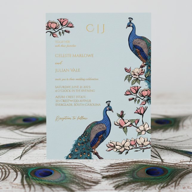 Elegant Floral Peacock Wedding (Elegant Light Blue Wedding Invitations. Trendy Floral Blue Peacock, Teal Feathers, Magnolia Flowers)