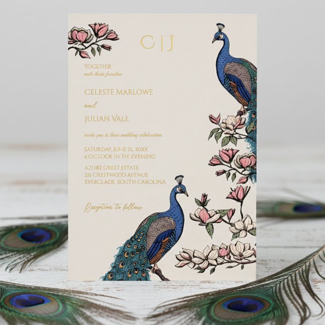 Elegant Floral Peacock Wedding (Elegant Ivory Wedding Invitations. Trendy Boho Floral Blue Peacock, Teal Feathers, Magnolia Flowers)