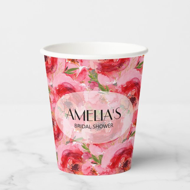 Elegant Floral Peonies Bridal Shower Paper Cups (Front)