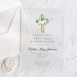 Elegant Floral Peonies Girl First Communion Acrylic Invitations