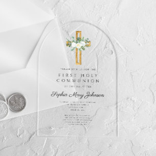 Elegant Floral Peonies Girl First Communion Arch Acrylic Invitations
