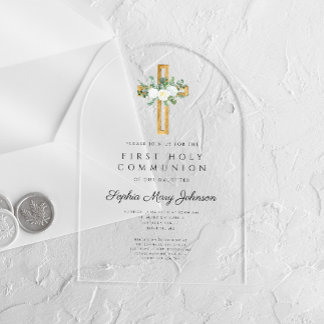 Elegant Floral Peonies Girl First Communion Arch Acrylic Invitations