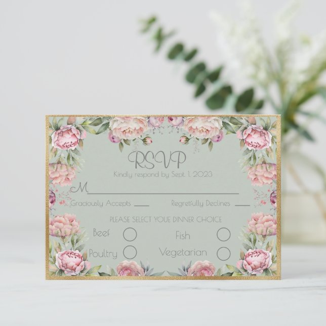 Elegant Floral Peonies Gold Script Wedding RSVP (Standing Front)