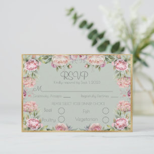Elegant Floral Peonies Gold Script Wedding RSVP Card
