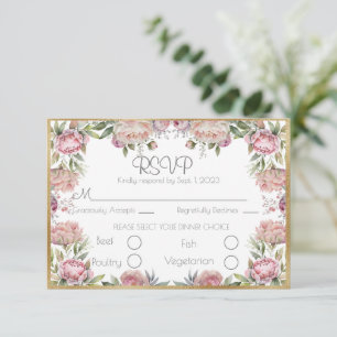 Elegant Floral Peonies Gold Script Wedding RSVP Card