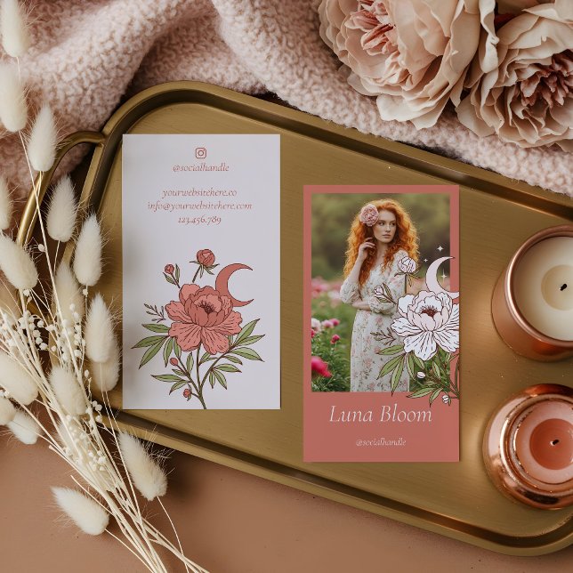 Elegant Floral Peony Celestial Holistic Moon Photo Business Card (Elegant Floral Peony Celestial Holistic Moon Photo Business Card)