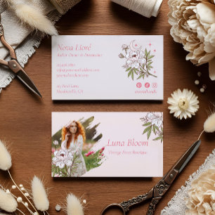 Elegant Floral Peony Celestial Holistic Moon Photo Business Card
