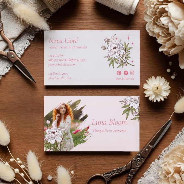 Elegant Floral Peony Celestial Holistic Moon Photo Business Card (Elegant Floral Peony Celestial Holistic Moon Photo Business Card)