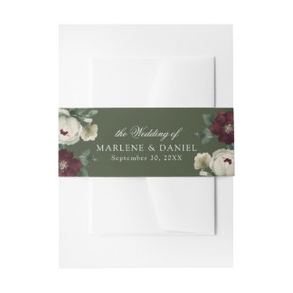 Elegant Floral Peony Forest Green Formal Wedding Invitation Belly Band