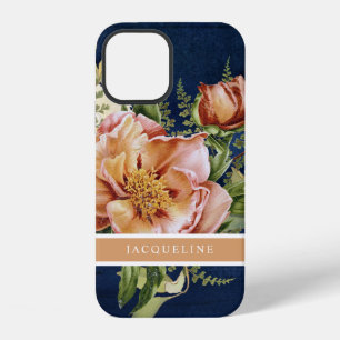 Elegant Floral Peony Pink Burgundy Navy Blue Wood  iPhone 12 Case