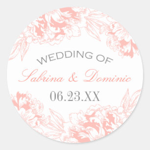 Elegant Floral Peony Wedding Coral Grey Monogram Classic Round Sticker