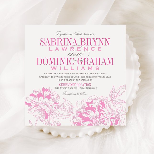 Elegant Floral Peony Wedding Fuchsia Grey Invitation (Creator Uploaded)