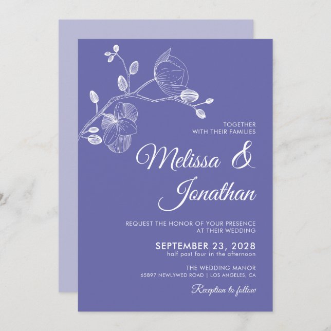 Elegant floral periwinkle white orchids wedding invitation (Front/Back)