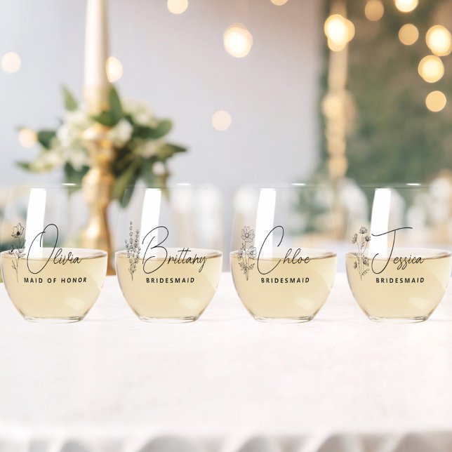 Elegant Floral Personalised Bridesmaid Proposal Stemless Wine Glass (wildflower floral bridesmaid wine glass with name, bridesmaid proposal, wedding bridal party gifts)