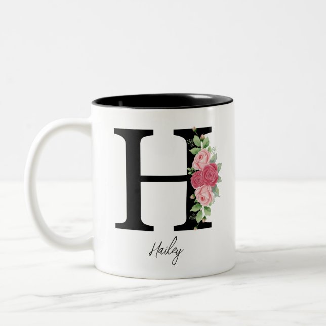 Elegant Floral Personalised Monogram Coffee Mug H (Left)