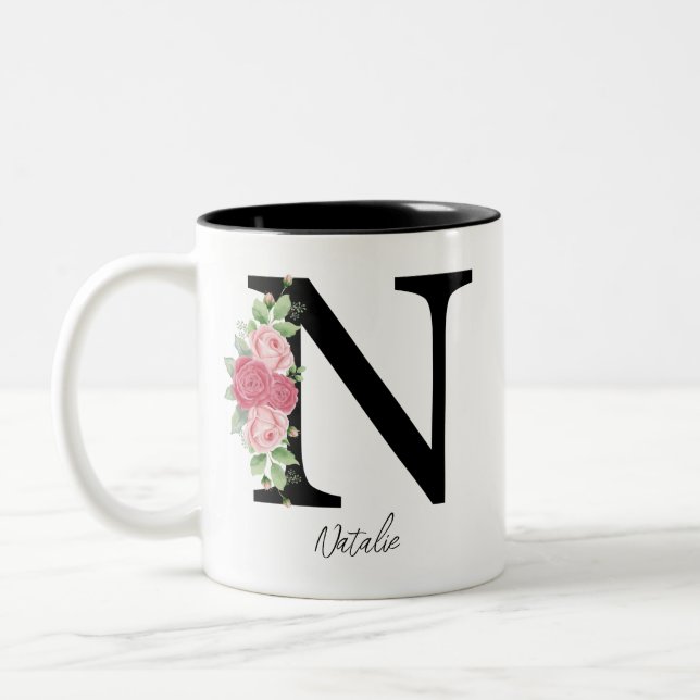 Elegant Floral Personalised Monogram Coffee Mug N (Left)