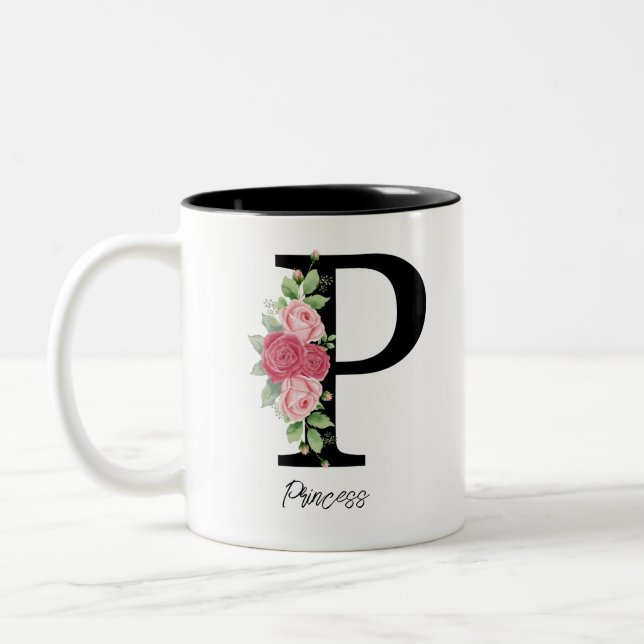 Elegant Floral Personalised Monogram Coffee Mug P (Left)