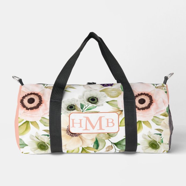 Elegant Floral Personalised Monogram Pink Custom Duffle Bag (Front)