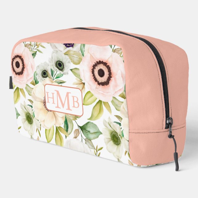 Elegant Floral Personalised Monogram Pink Travel Dopp Kit (Right Corner)