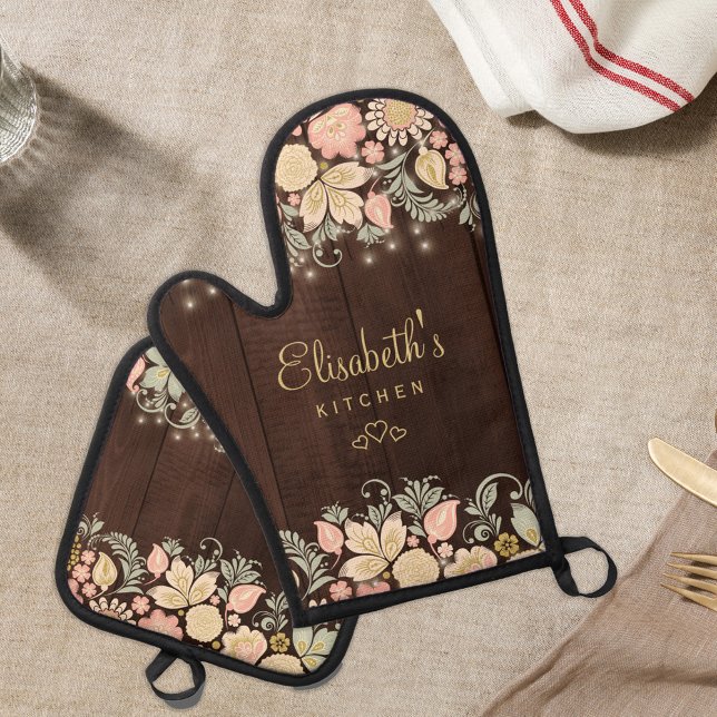 Elegant floral personalised oven mitt & pot holder set (Creator Uploaded)