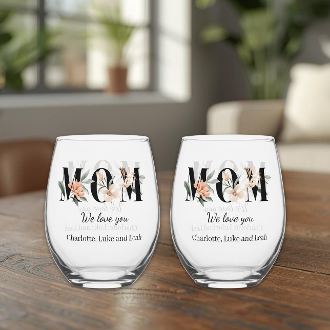 Elegant Floral Personalized Mom Wine Glass Set (Creator Uploaded)