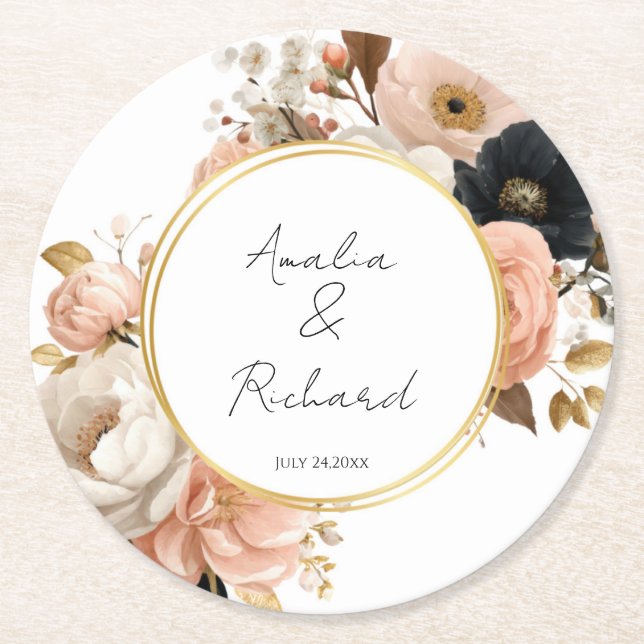 Elegant Floral Personalized Wedding Coasters (Front)