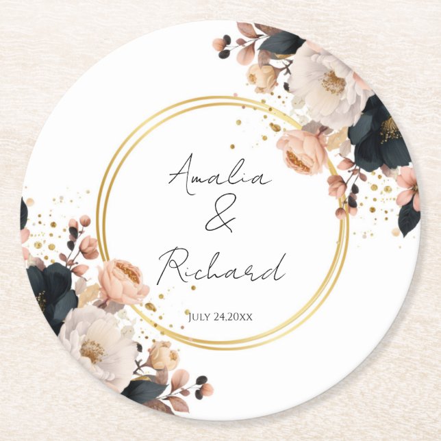 Elegant Floral Personalized Wedding Coasters (Front)