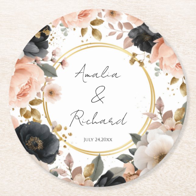 Elegant Floral Personalized Wedding Coasters (Front)