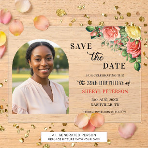 Elegant Floral Photo 39th Birthday Save the Date Acrylic Invitations