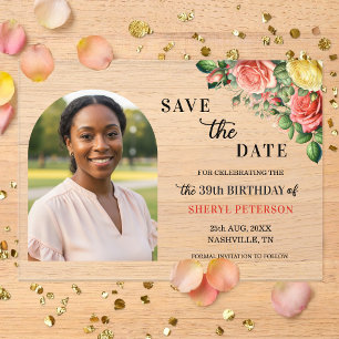 Elegant Floral Photo 39th Birthday Save the Date Acrylic Invitations