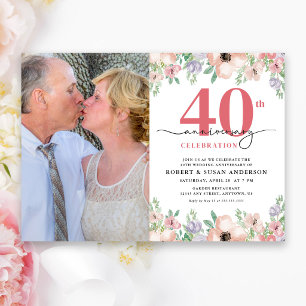 Elegant Floral Photo 40th Wedding Anniversary Invitation