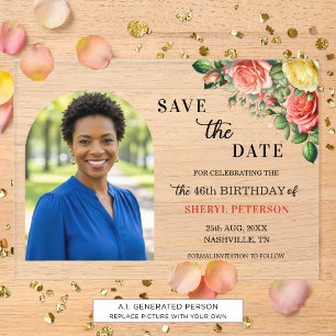 Elegant Floral Photo 46th Birthday Save the Date Acrylic Invitations